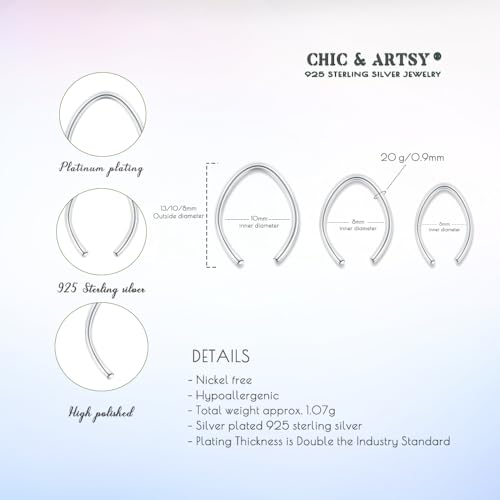 CHIC & ARTSY 925 Sterling Silver Open Hoop Earrings Small Hoop Earrings for Women Half Hoop Cartilage Piercing Adjustable Huggie Earrings - color: C:Silver 3 Pairs (6mm/8mm/10mm)