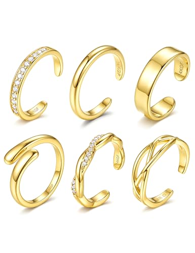 Subiceto 6 Pcs 14K Gold Filled Toe Rings for Women Non Tarnish Dainty Open Adjustable Toe Ring Set Stackable Cz Hypoallergenic Beach Summer Foot Jewelry for Women - color: wide 14k gold plated
