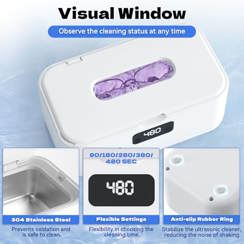 Ultrasonic Jewelry Cleaner, 50Khz Jewelry Cleaner Ultrasonic Machine for Jewelry, Eyeglasses, Rings, Watch Strap, Dentures, 24oz - 304 Stainless Steel Tank, Digital Timer, 5 Cleaning Modes - color: White