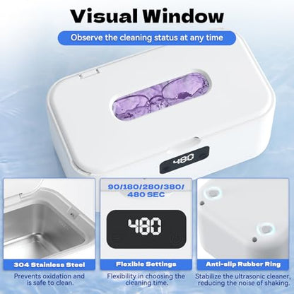 Ultrasonic Jewelry Cleaner, 50Khz Jewelry Cleaner Ultrasonic Machine for Jewelry, Eyeglasses, Rings, Watch Strap, Dentures, 24oz - 304 Stainless Steel Tank, Digital Timer, 5 Cleaning Modes - color: White