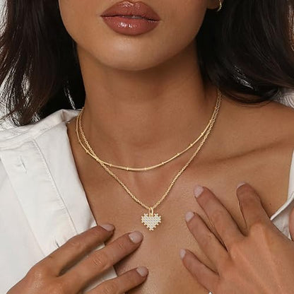 MJartoria 14K Gold Plated Gold Layered Necklace, Heart Butterfly Star Moon Pendant Necklace for Women, Dainty Jewelry Gifts for Mom, Wedding, Party, Daily Wear - style: Heart