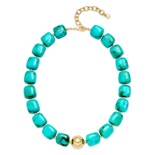 Chunky Colorful Beaded Choker Necklace for Women, Summer Beach Statement Resin Beads Necklace, Trendy Womens Summer Beach Jewelry Birthday Gifts for Vacation Holiday - color: Square Turquoise Bead