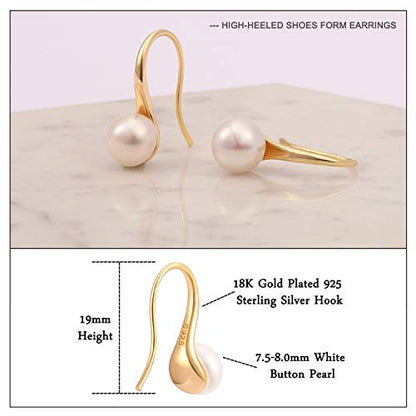 925 Sterling Silver Hoop Handpicked AAA+ Quality 7.5-8mm White Freshwater Cultured Pearl Dangle Drop Earrings Jewelry for Women - color: 2. 18k Gold Plated