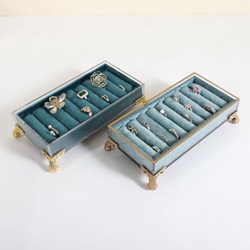 velvet slots Ring holder for jewelry organizer, Earring ring display stand for selling, felt ring jewelry holder tray showcase【Velvet slots Ring Holder-Light blue】 - color: Light blue