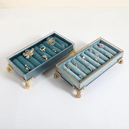 velvet slots Ring holder for jewelry organizer, Earring ring display stand for selling, felt ring jewelry holder tray showcase【Velvet slots Ring Holder-Light blue】 - color: Light blue