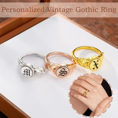 callie Custom Signet Ring - Engraved Text & Photo, Personalized Family Crest Coat Of Arms Rings, 925 Sterling Silver/Brass | Father's Day Jewelry Gifts for Men & Women - color: Initial-3