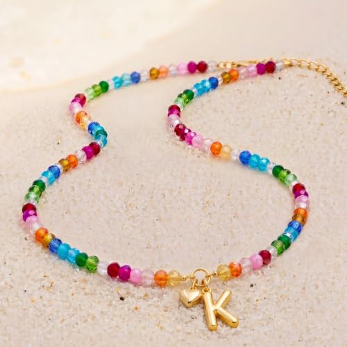 Initial Necklace for Women Colorful Beaded Necklaces Initial Heart Bubble Letter Necklace Summer Necklace Jewelry Gift - color: K