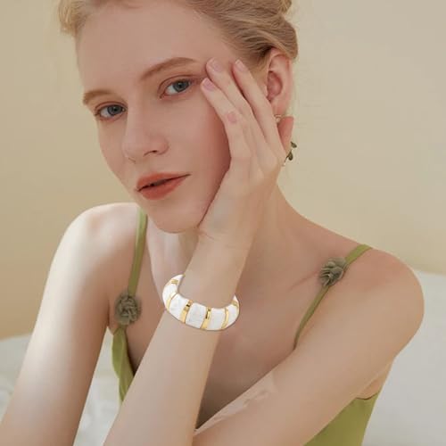 YBMYCM Acrylic Chunky Bangles Bracelets for Women Resin Gold-plated Stackable Stretch Bracelet Wide Wristbands Gift Jewelry - color: White