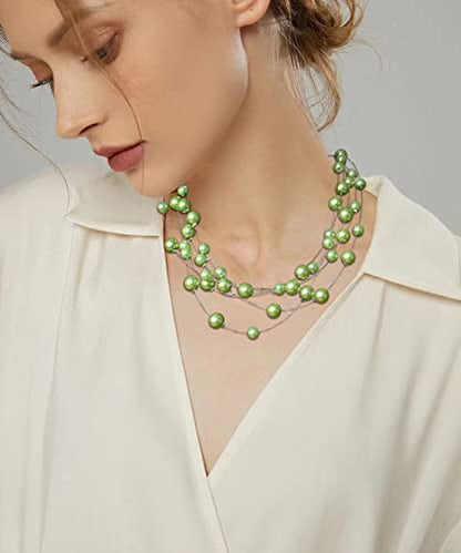 FULU AUTUMN Layered Pearl Necklace Multi-strand Pearl Choker Necklaces for Women Beaded jewelry for Wedding Parties - color: Fruit green