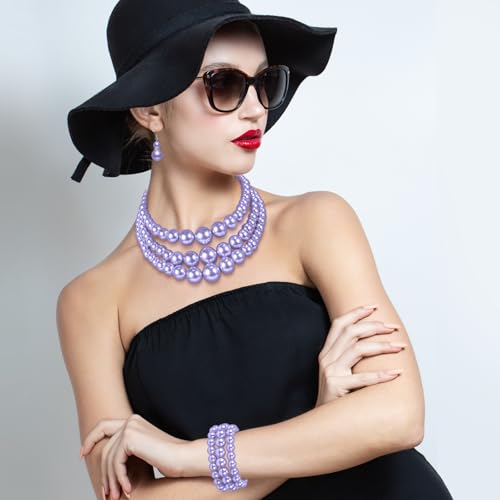 Haysandy Pearl Jewelry Set for Women 20s Jewelry Gift | Retro Layered Necklace Bracelet Earring, Costume Accessories for Derby Wedding Prom Party, Dress Matching Occasions - color: Light Purple