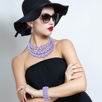 Haysandy Pearl Jewelry Set for Women 20s Jewelry Gift | Retro Layered Necklace Bracelet Earring, Costume Accessories for Derby Wedding Prom Party, Dress Matching Occasions - color: Light Purple
