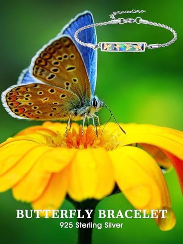Waves/Tree of Life/Mushrooms/Moon Phase/Butterfly/Hummingbird Bracelet/Anklet 925 Sterling Silver Adjustable Abalone Shell Bar Bracelet/Anklet Summer Jewelry Gifts for Women - color: Butterfly, size: Bracele 7"+2"