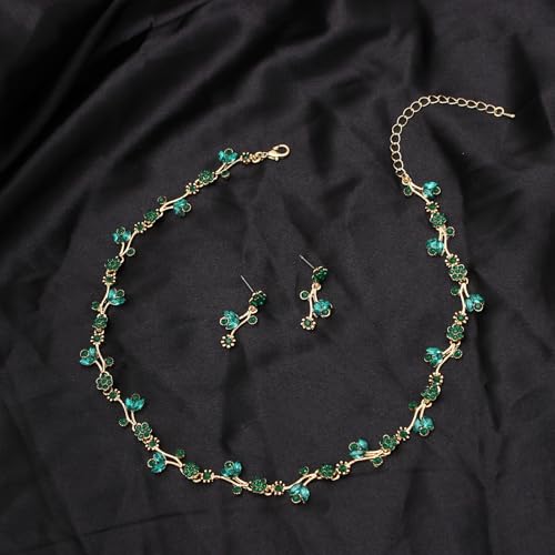 Elegant Brides Austrian Crystal Flower Choker Necklace Drop Dangle Earring Bracelet Wedding Jewelry Set for Bridesmaid Prom Costume Jewelry Set for Women - color: Emerald-Gold Plated
