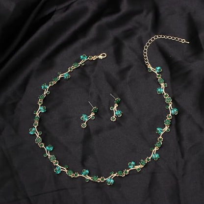 Elegant Brides Austrian Crystal Flower Choker Necklace Drop Dangle Earring Bracelet Wedding Jewelry Set for Bridesmaid Prom Costume Jewelry Set for Women - color: Emerald-Gold Plated