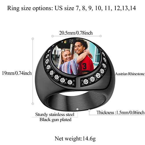 FindChic Customized Signet Photo Rings Square/Heart/Round Chunky Band Ring Stainless Steel/18K Gold Plated/Black Size 7 to 14 Personalized Jewelry for Men Women, Send Gift Box - color: 02. round (black)