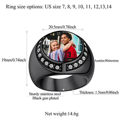 FindChic Customized Signet Photo Rings Square/Heart/Round Chunky Band Ring Stainless Steel/18K Gold Plated/Black Size 7 to 14 Personalized Jewelry for Men Women, Send Gift Box - color: 02. round (black)