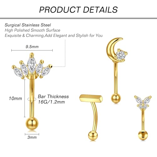 Zolure Rook Daith Piercing Jewelry 16G Eyebrow Rings for Women Rook Earring Curved Barbell Tragus Cartilage Vertical Labret Lip Piercing Jewelry Hypoallergenic - color: 16G 10mm #2G