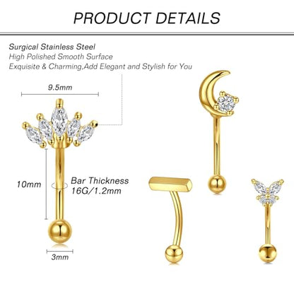 Zolure Rook Daith Piercing Jewelry 16G Eyebrow Rings for Women Rook Earring Curved Barbell Tragus Cartilage Vertical Labret Lip Piercing Jewelry Hypoallergenic - color: 16G 10mm #2G