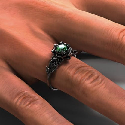 Cubic Zirconia Rings For Women, Gothic Ring Black Flower Crystal Stackable Trendy Floral Eternity Travel Engagement Statement Wedding Birthday Jewelry Gift - color: Goth Black Green