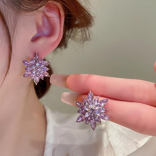 Crystal Flower Burst Stud Earrings Large Big Sparkly CZ Cubic Rhinestone Floral Cluster Flower Stud Earrings Bridal Wedding Party - color: Violet