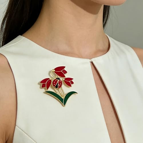 Nature Inspired Tulip Ladybug Enamel Lapel Pin Delicate Floral Brooch Creative Women Fashion Jewelry for Dress Scarf Suit Bag Clothing Accessories Gift - color: Red