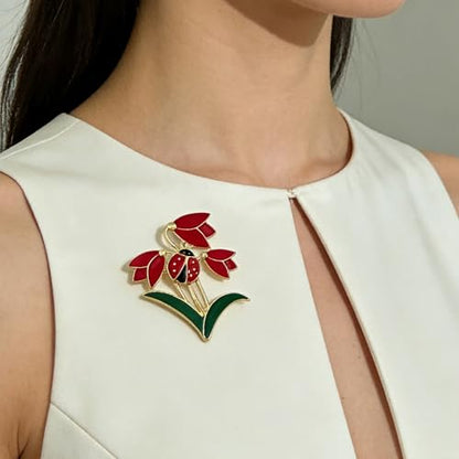 Nature Inspired Tulip Ladybug Enamel Lapel Pin Delicate Floral Brooch Creative Women Fashion Jewelry for Dress Scarf Suit Bag Clothing Accessories Gift - color: Red