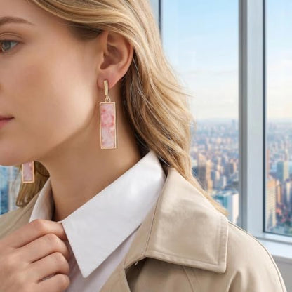 Coiris Rectangle Earrings for Women Geometric Stud Dangle Drop Jewelry Lightweight Colorful Print Statement Accessories - color: Pink White
