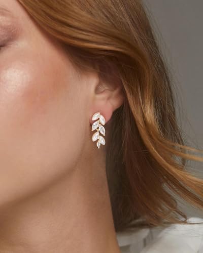 Pearl Earrings - 14K Gold/White Gold/Rose Gold Plated Cubic Zirconia CZ Diaomond Accented Pearl Drop Dangle Earrings for Women Wedding Bridal Prom - color: Gold leaf design