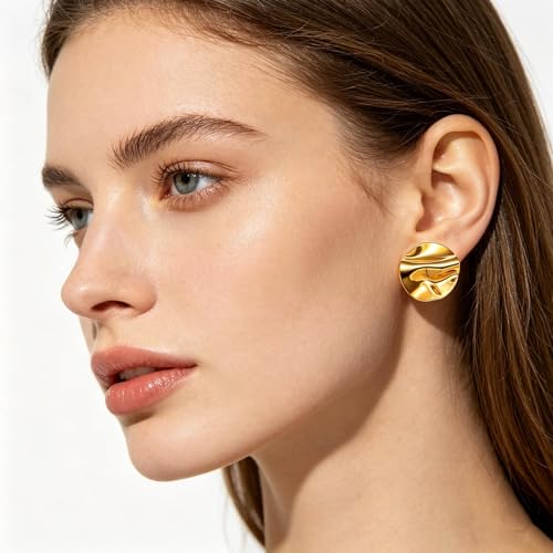 Gold Statement Earrings For Women, 14K Gold Plated Textured Geometric Drop Earrings - Hypoallergenic Stainless Steel Statement Earrings for Women, Waterproof Fan-Shaped Dangle Earrings for Beach & Daily Wear - color: Disc DKE25215GL