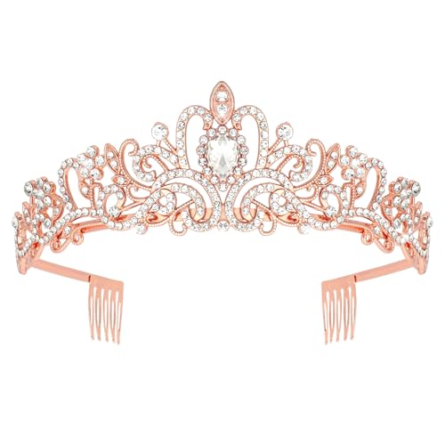 Crystal Tiara Crown Headband Princess Elegant Tiara with Combs for Women Young Ladies Bridal Wedding Prom Birthday Party, Rose Gold - color: Rose Gold