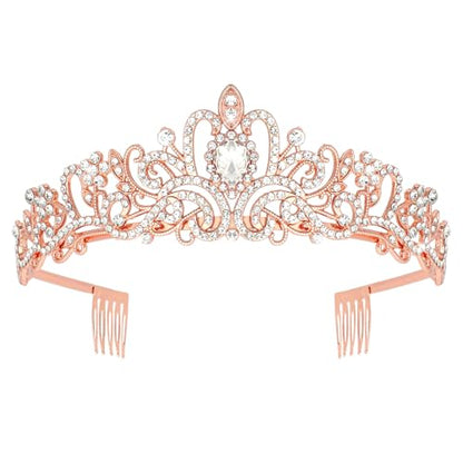 Crystal Tiara Crown Headband Princess Elegant Tiara with Combs for Women Young Ladies Bridal Wedding Prom Birthday Party, Rose Gold - color: Rose Gold