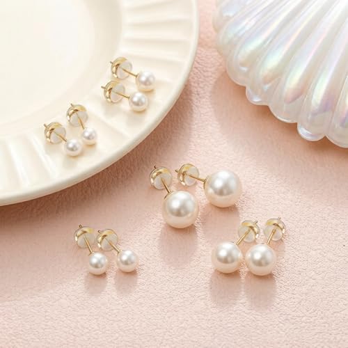 4 Pairs Pearl Stud Earrings Sterling Silver Earring Set | 14K Plated Gold Hypoallergenic Earring stud Large size Round pearl 8mm-14mm Set Earrings for women - style: Round-5 Pairs