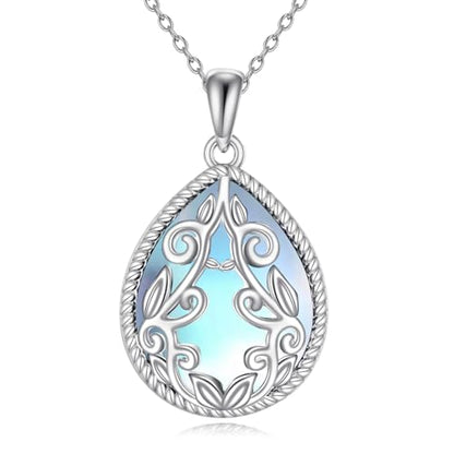 YAFEINI Teardrop Necklace Sterling Silver Filigree Irish Pendant Necklace Natural Stone Moonstone/Lapis Lazuli/Larimar/Moss Agate Necklace Jewelry - color: Moonstone Filigree Necklace