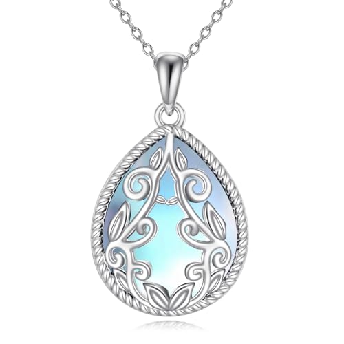 YAFEINI Teardrop Necklace Sterling Silver Filigree Irish Pendant Necklace Natural Stone Moonstone/Lapis Lazuli/Larimar/Moss Agate Necklace Jewelry - color: Moonstone Filigree Necklace