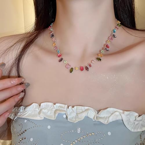 Silver Plated Rainbow Crystal Necklace, Sparkly Cubic Zirconia Rhinestone Multicolor Chain Choker Bracelet Earring Jewelry Set - style: Necklace