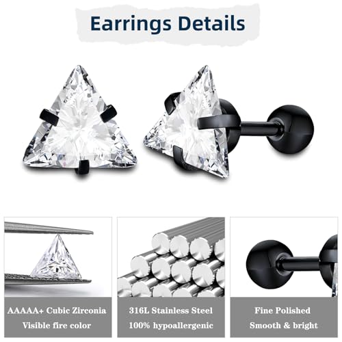 Unisex Geometric Triangle Stud Earrings, Stainless Steel Minimalist Cubic Zirconia Pierced Post Earrings for Men Women - style: Single Zircon-Black&Sliver