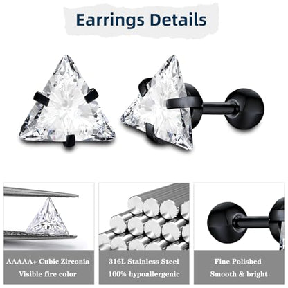 Unisex Geometric Triangle Stud Earrings, Stainless Steel Minimalist Cubic Zirconia Pierced Post Earrings for Men Women - style: Single Zircon-Black&Sliver