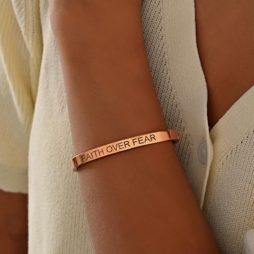 Christian Bible Verse Love Bangle Bracelet for Women, 18K Gold Plated Stainless Steel Oval Cuff, Inspirational Faith Jewelry Gift for Mom Daughter Sister Friend (Rose Gold-FAITH OVER FEAR)