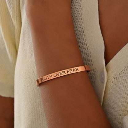 Christian Bible Verse Love Bangle Bracelet for Women, 18K Gold Plated Stainless Steel Oval Cuff, Inspirational Faith Jewelry Gift for Mom Daughter Sister Friend (Rose Gold-FAITH OVER FEAR)