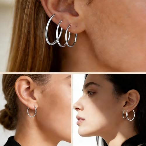 5/8 Pairs Gold Silver Hoop Earrings for Women Stainless Steel Jewelry Set | 30 40 50 60 70 mm, 14K Gold Plated Stainless Steel, Hypoallergenic, Lightweight, Thin, Small Medium Large Dangle - color: 5 Pair/Silver (30/40/50/60/70mm)