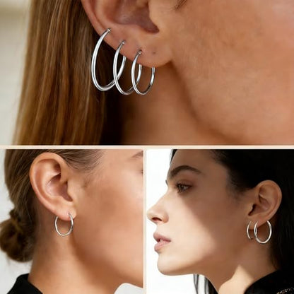 5/8 Pairs Gold Silver Hoop Earrings for Women Stainless Steel Jewelry Set | 30 40 50 60 70 mm, 14K Gold Plated Stainless Steel, Hypoallergenic, Lightweight, Thin, Small Medium Large Dangle - color: 8 Pair/Silver+Gold (30/40/50/60mm)