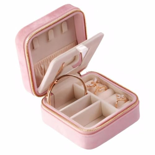 Velvet Jewelry Box, Small Travel Jewelry Organizer, Portable Jewelry Case for Women with Mirror, Pink Mini Plush Travel Box - color: Pink