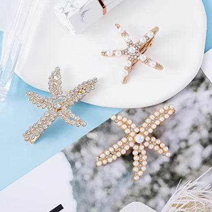 PAGOW 3 PCS Starfish Hair Clips, Gold Rhinestone Pearls Crystal Hair Clips | Sea Star Ponytail Holder, Faux Pearl Crystal Wedding Headpiece Hair Accessories For Women, Girls, Bride(1.73 x 2.48 Inch) - color: 3pcs-gold,style1
