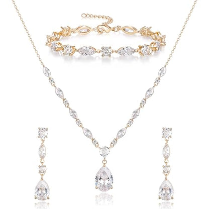 Teardrop Marquise Cubic Zirconia Wedding Prom Jewelry Set for Women Bridal | Silver/Gold/Rose Gold Plated, Pear Cut Pendant Necklace Drop Earrings Link Bracelet, for Bride Bridesmaid, for Banquet Party - style: B_Three Set, Gold (Teardrop)