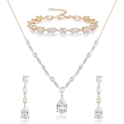 Teardrop Marquise Cubic Zirconia Wedding Prom Jewelry Set for Women Bridal | Silver/Gold/Rose Gold Plated, Pear Cut Pendant Necklace Drop Earrings Link Bracelet, for Bride Bridesmaid, for Banquet Party - style: B_Three Set, Gold (Teardrop)