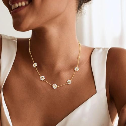 Ursteel 14K-Gold-Plated Necklace for Women Girls, Cute Daisy Pearl Necklace for Girls Clover Butterfly Cubic Zirconia Flower Evil Eye Station Necklaces for Women Teen Girl Gifts - color: " Daisy Pearl