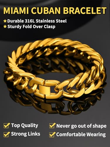 ChainsHouse Stainless Steel Cuban Link Bracelet, 6mm/8mm/12mm/17mm Width, 7.5"/8.3"/9", Black/ 18K Gold Plated Chain Wrist Bracelets for Men Women, Send Gift Box - color: O: Gold-17mm width
