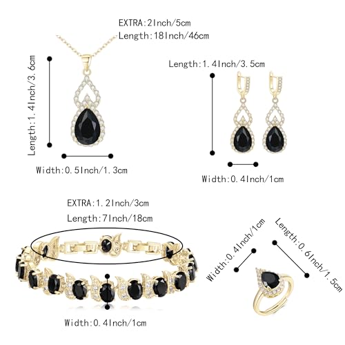 Wedding Jewelry Set for Women Bride Bridesmaid | Gorgeous Cubic Zirconia Teardrop Necklace Earrings Bracelet Adjustable Ring Jewelry Gift for Birthday/Anniversary - color: 12-Black Gold-Tone