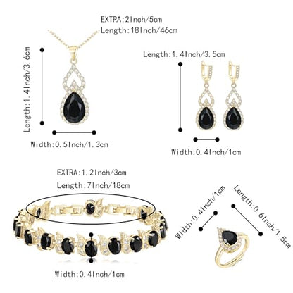 Wedding Jewelry Set for Women Bride Bridesmaid | Gorgeous Cubic Zirconia Teardrop Necklace Earrings Bracelet Adjustable Ring Jewelry Gift for Birthday/Anniversary - color: 12-Black Gold-Tone