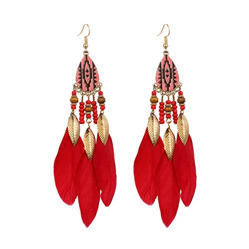 Dreuyet Boho Long Feather Drop Dangle Earrings for Women Retro Bohemian Ethnic Fringe Multicolor Tassel Feather Earring Handmade Statement Dream Catcher Earrings Jewelry - color: Red Teardrop
